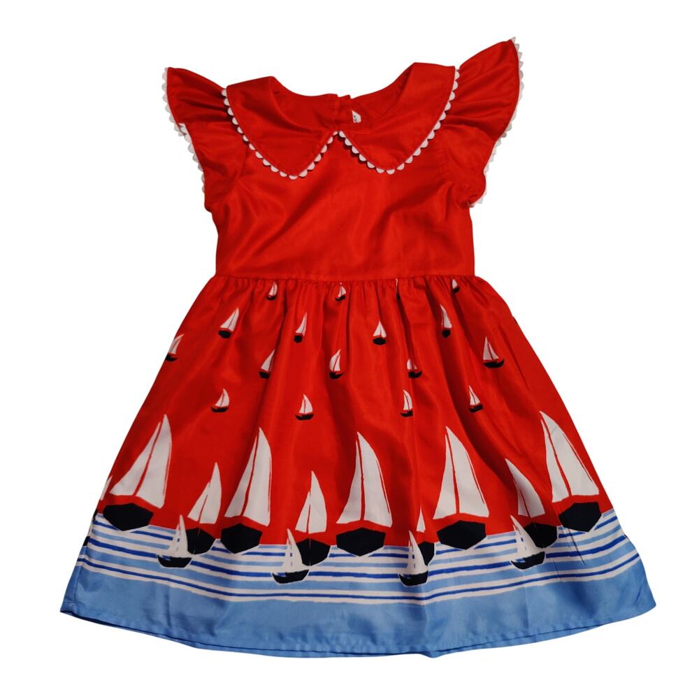 Janie and Jack Sailboat Dress 6 Red Nautical Peter Pan Collar Summer